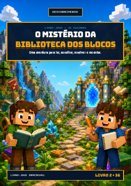 Capa do livro-jogo O Mistério da Biblioteca dos Blocos